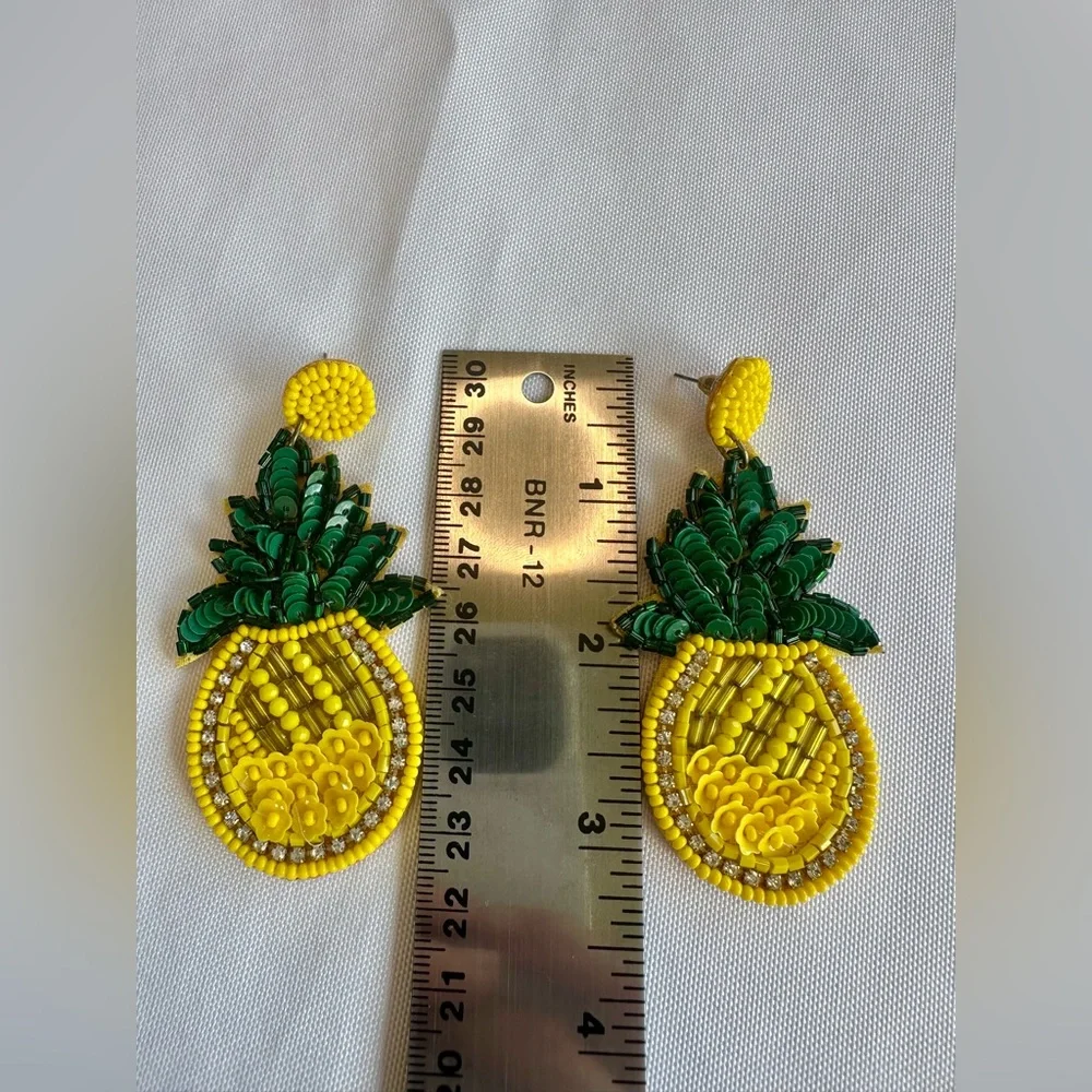 Yellow and Green Beaded Crystal Sequin Pineapple Earrings